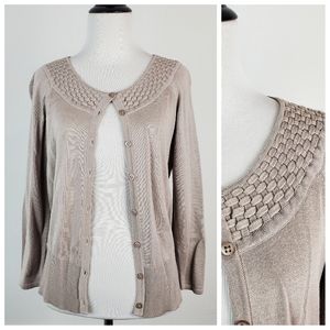 Design History Cardigan Sweater Woven Knit Taupe Gray Silky Classic Neutral